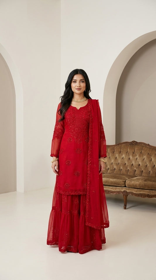 Deep red georgette sharara set with resham thread and sequin embroidery, full sleeves, and matching dupatta — Behuli