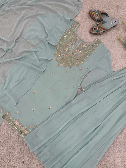 Blue Heavy Georgette Palazzo Suit Set