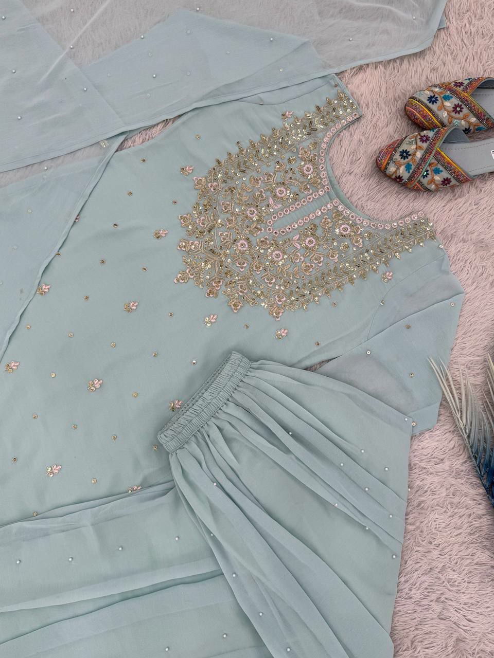 Blue Heavy Georgette Palazzo Suit Set