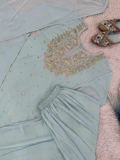 Blue Heavy Georgette Palazzo Suit Set