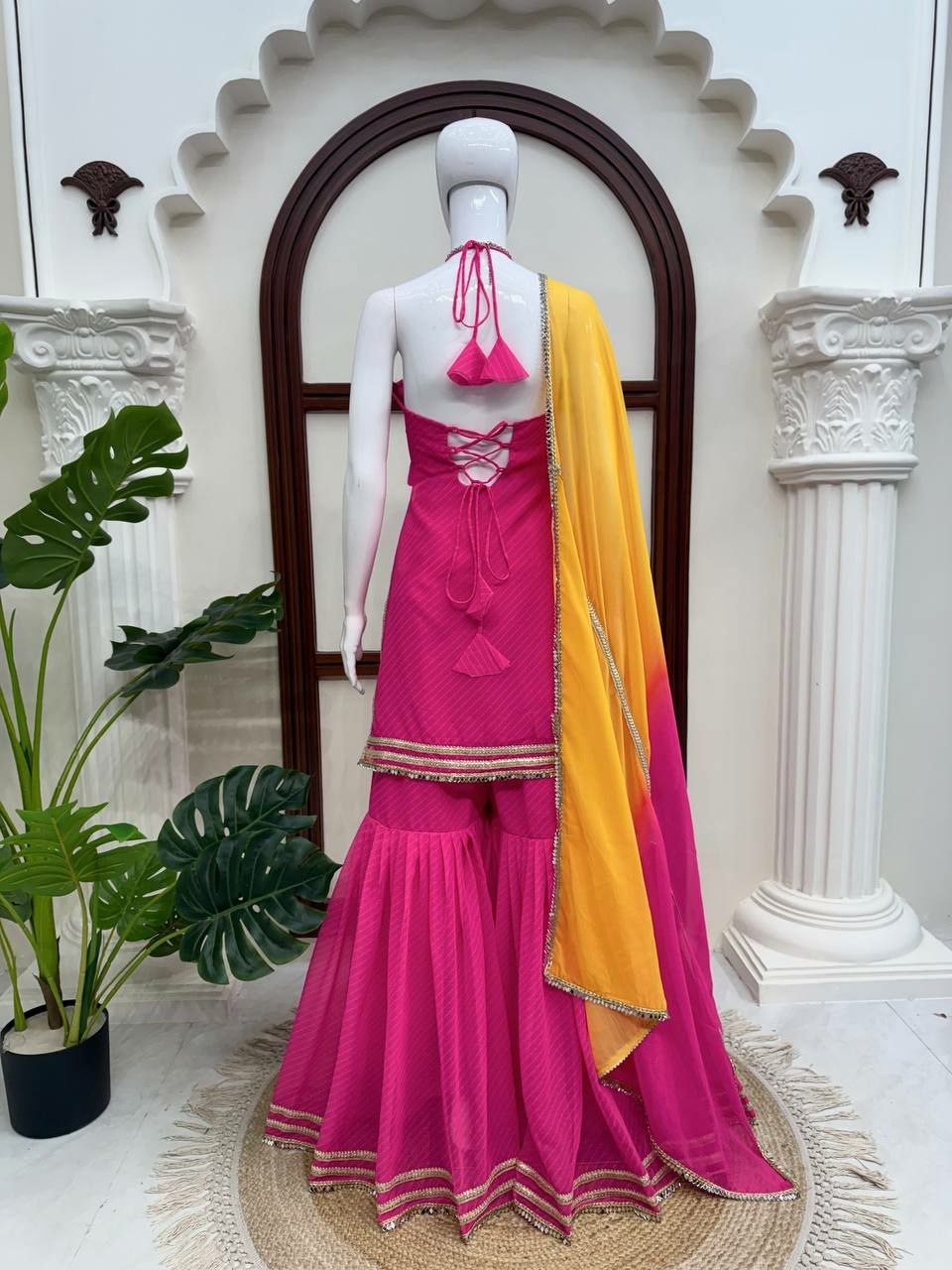 Fuchsia Gold Georgette sharara Set with real mirror work