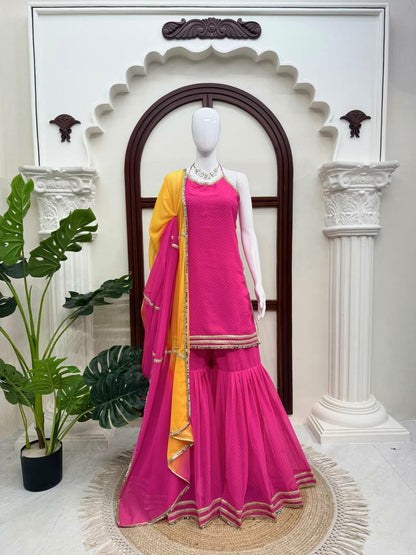 Fuchsia Gold Georgette sharara Set with real mirror work