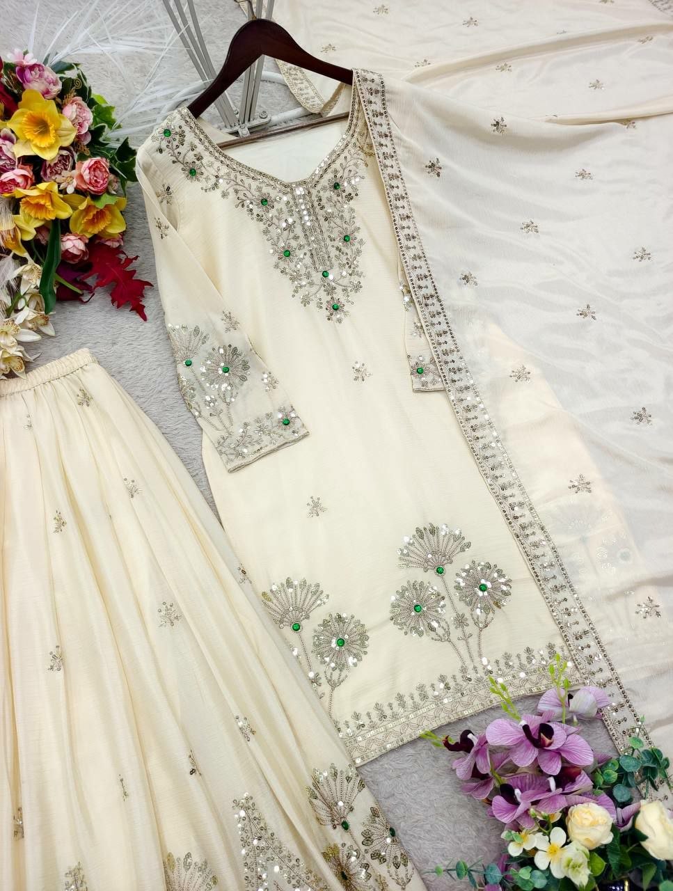 Ivory Sequin Silk Palazzo Suit Set