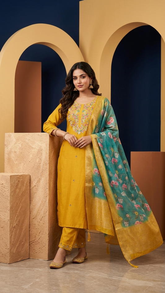 Mustard Zari Silk Kurti Set
