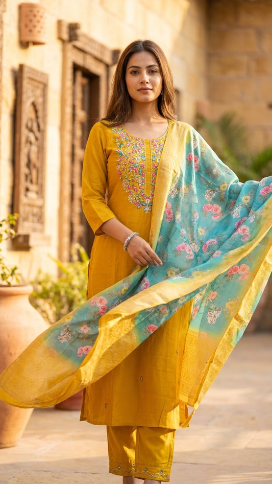 Mustard Zari Silk Kurti Set