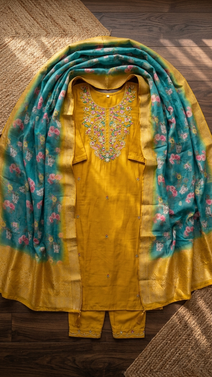 Mustard Zari Silk Kurti Set