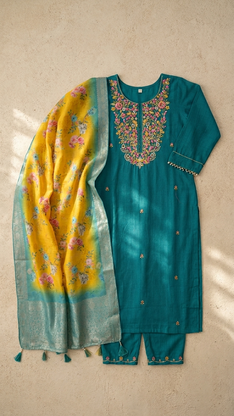 Mustard Zari Silk Kurti Set
