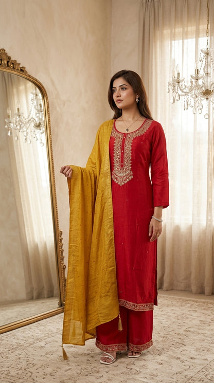 Red silk palazzo suit set with zari embroidery and mustard dupatta — Behuli Australia — alternate view 5