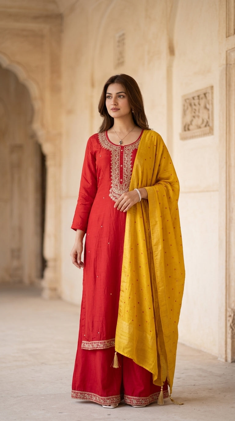 Red Zari Silk Palazzo Suit Set