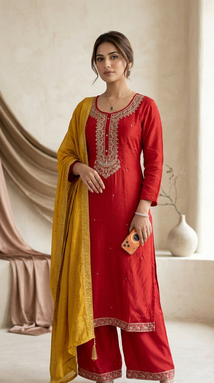 Red silk palazzo suit set with zari embroidery and mustard dupatta — Behuli Australia — alternate view 3