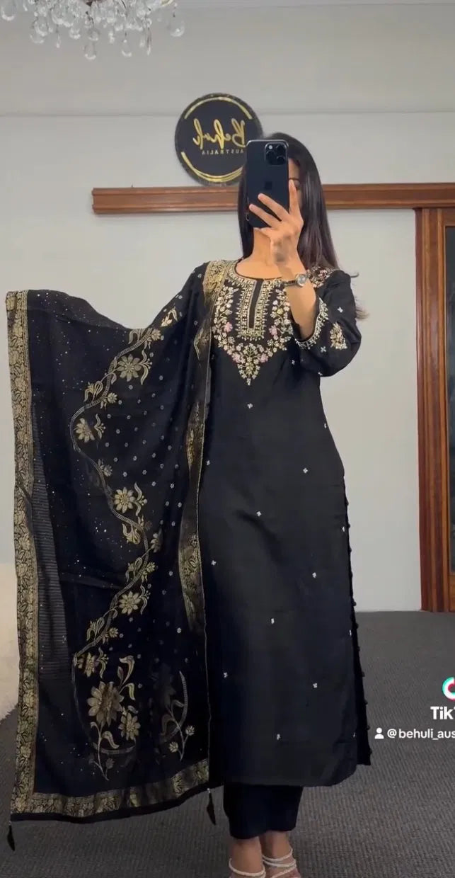 Black Embroidered Kurti Set with Gold Floral Dupatta