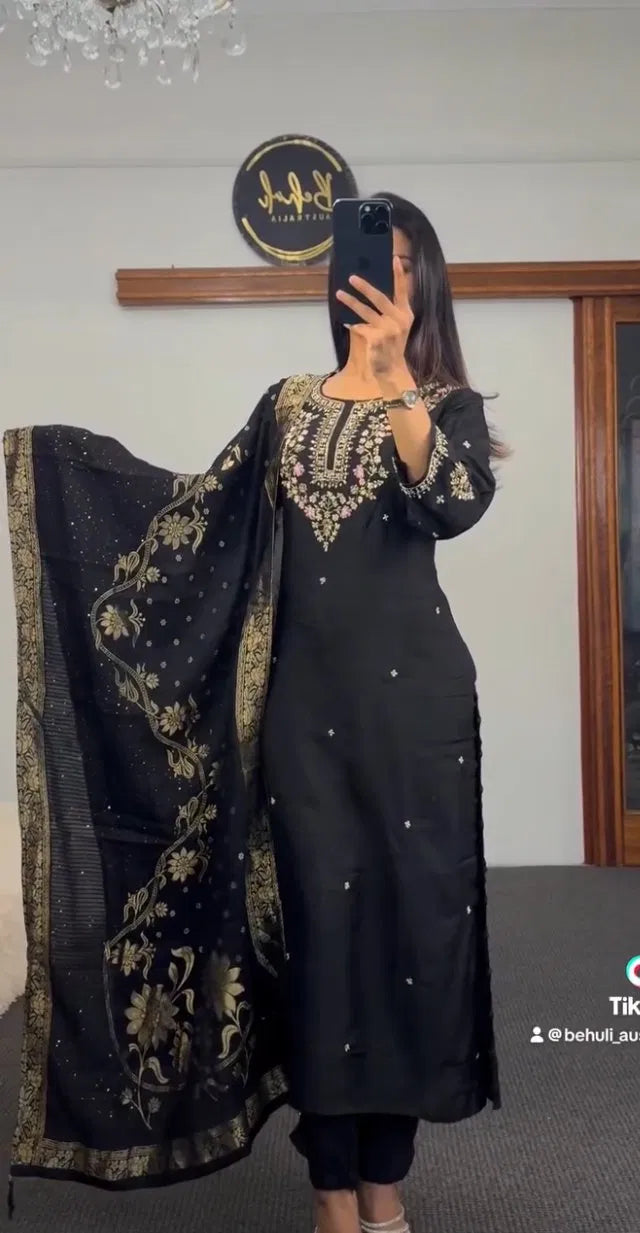 Black Embroidered Kurti Set with Gold Floral Dupatta