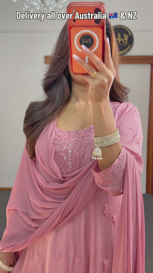 Pink Floral Chinon Anarkali