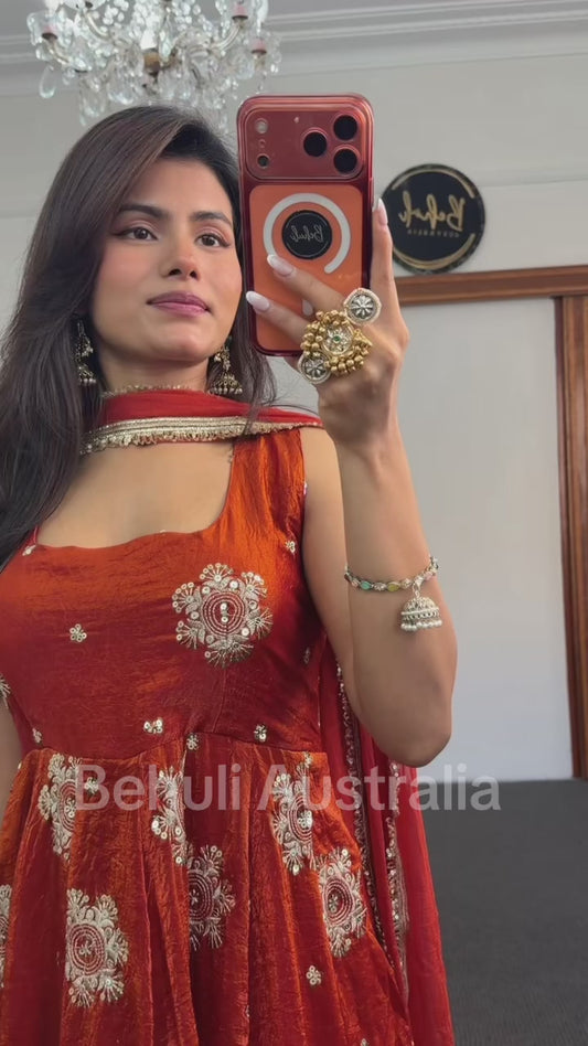 Rust Circular Fendy Fabric Silk Anarkali