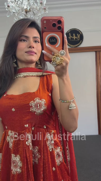 Rust Circular Fendy Fabric Silk Anarkali