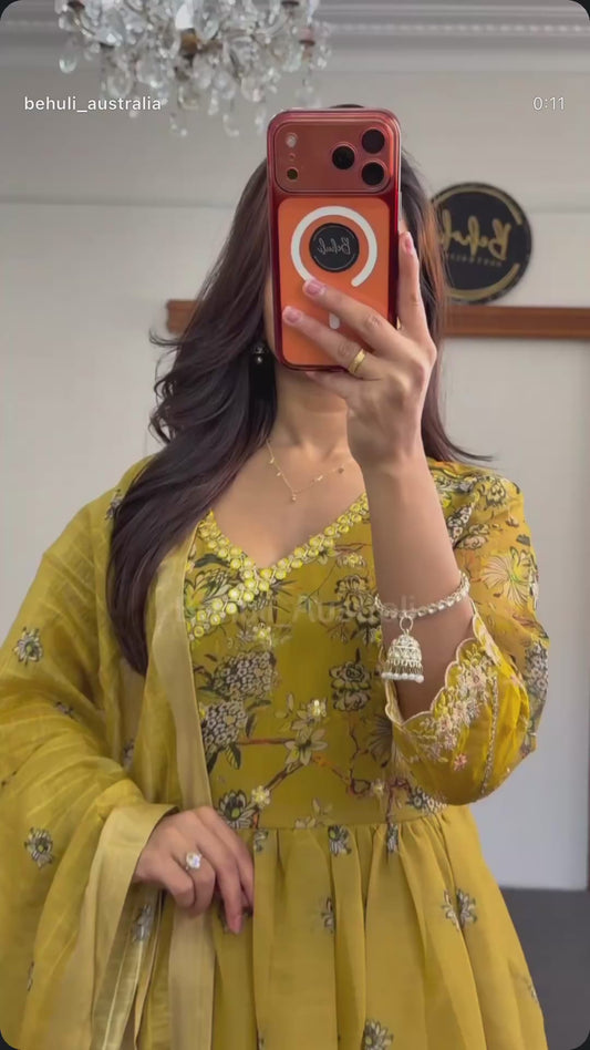 Mustard Yellow Floral Chiffon Anarkali Set